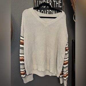 SHEIN Light Gray V-Neck Sweater with Striped Brown and Black Sleeves. Large